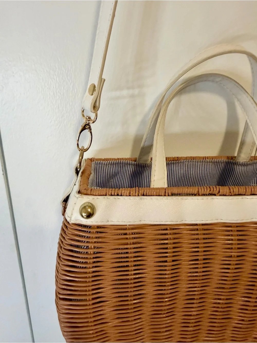 Woven Rattan Crossbody Bag with Cream Trim